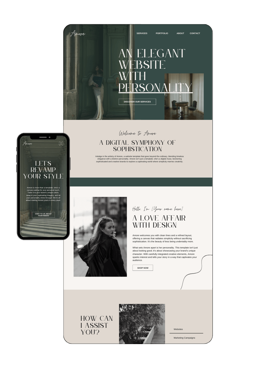 Graphic mock up of an elegant, green and cream website homepage and mobile version for Amore.