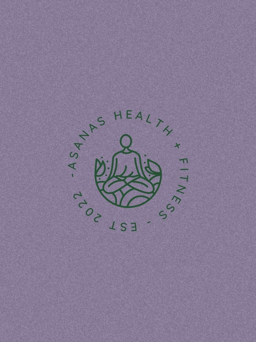 Asana logo (buddha outline with text in circle around reading: Asanas Health and Fitness) on top of purple background.