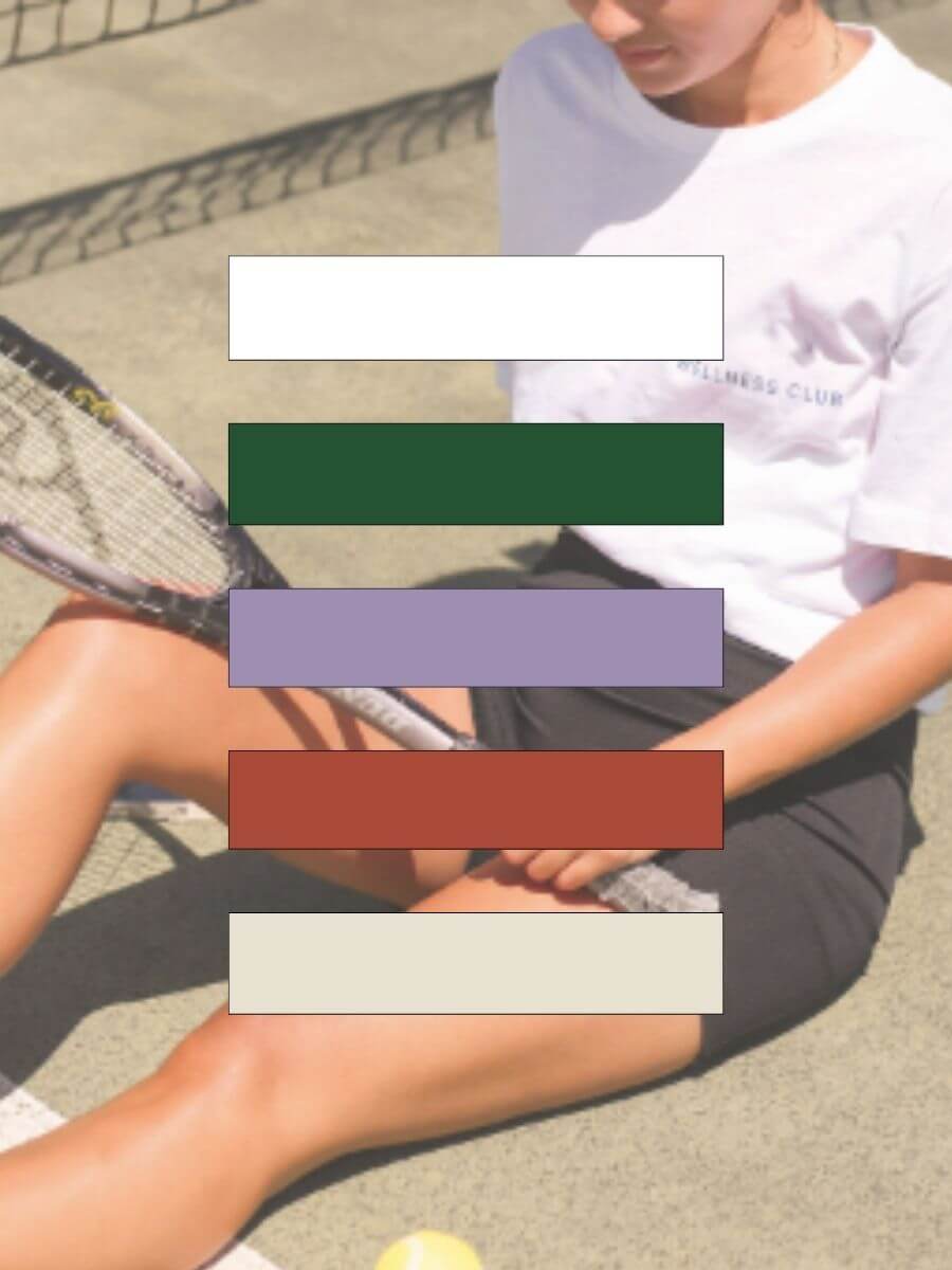 Background of women sat down on tennis court. Graphic overlay of colour palette.