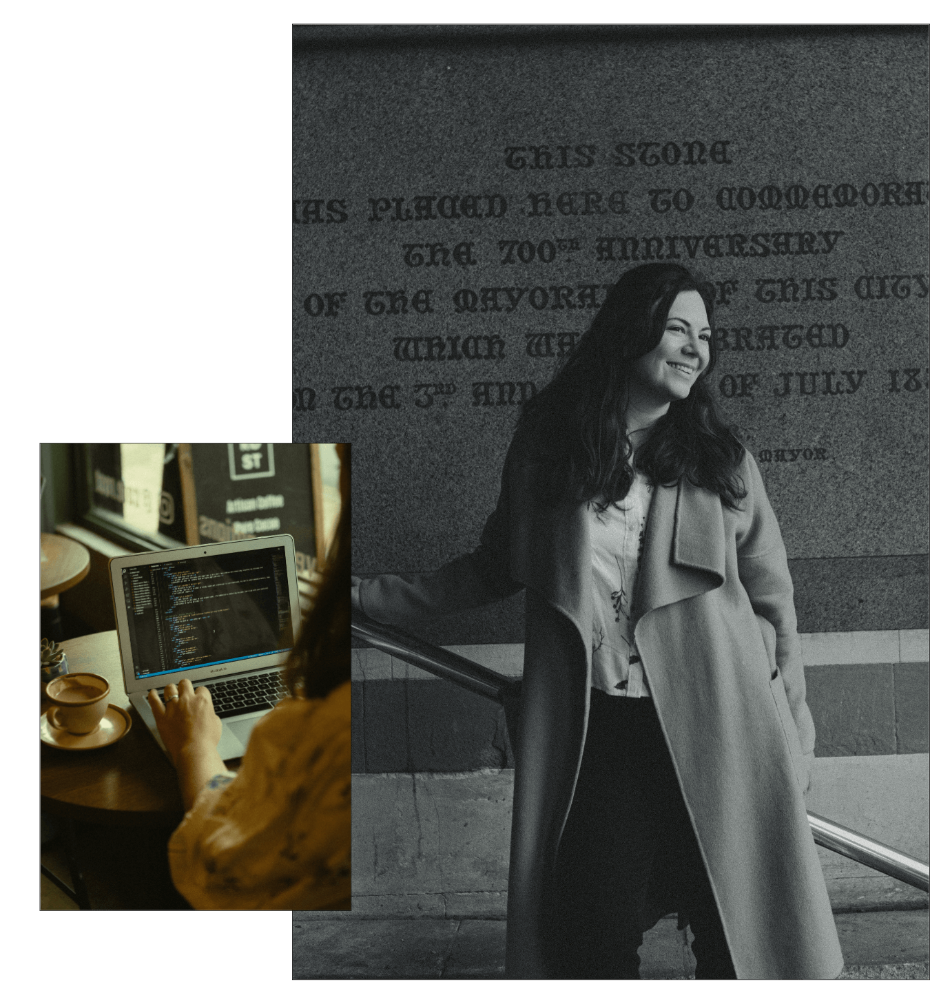 Two photographs slightly layered over each other. One shows laptops screen with coding. The other shows woman with long brown hair smiling while leaning against Winchester Guildhall exterior.