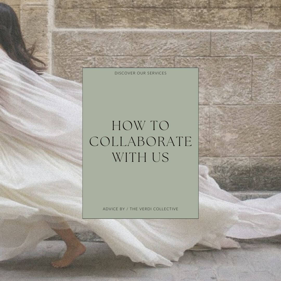 Instagram Graphic with background of women in white dress, with light green graphic in center reading: how to collaborate with us.