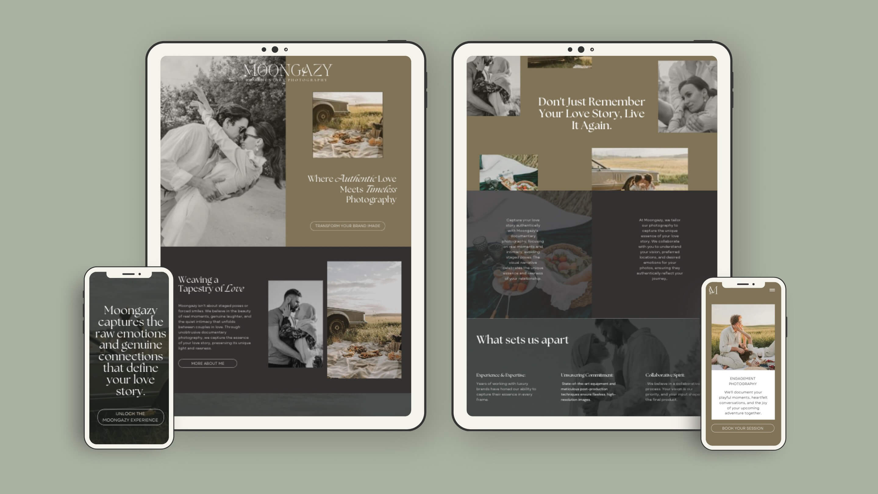 Graphic of two iPads and two iPhones on clear background, screens showing website homepage and sales page mock-ups.