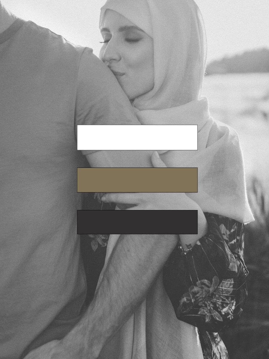 Background B&W of women in hijab kissing husbands shoulder with colour palette overlay.