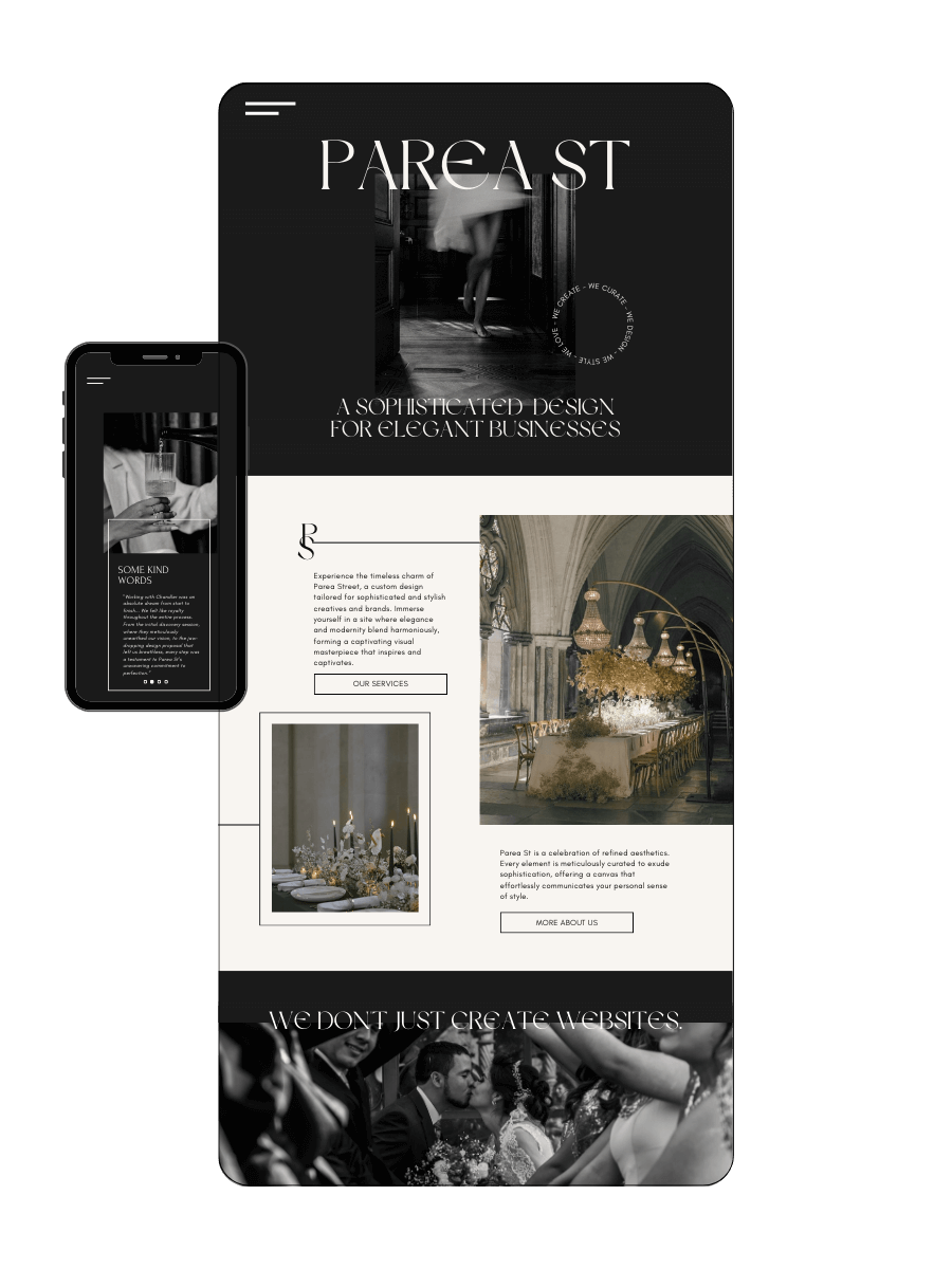 Graphic mock up of a stylish, black and white website homepage and mobile version for Parea.