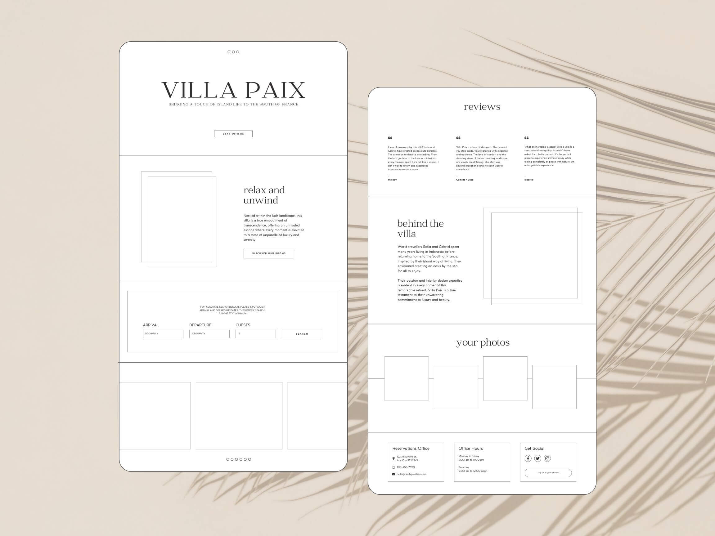 Graphic of website wireframe overlayed faded background of pampas grass shadows.